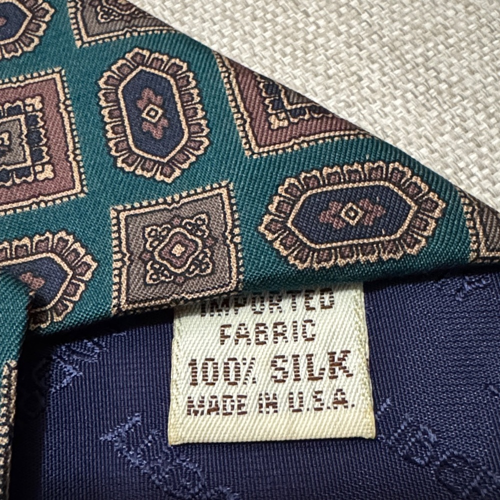 EUC Liberty of London Silk Tie-Teal/Brown Geo Print - Picture 7 of 8